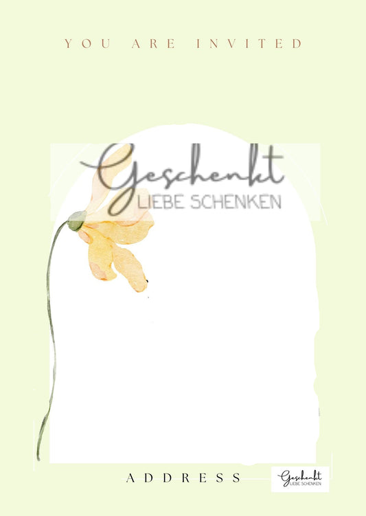 Invitation card with a yellow flower and text on a light green background