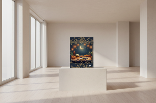 Decorative image of a feast with 'Ramadan Mubarak' text against a dark blue background with moon and lanterns.